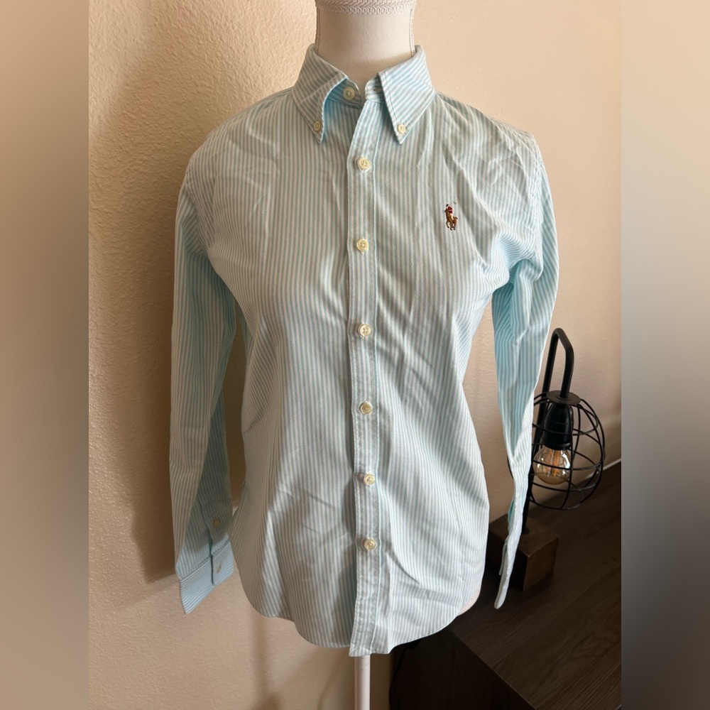 Ralph Lauren Excellent / Blue & White Striped Cotton Shirt Size 4 Slim Fit